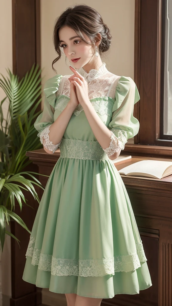 ((high quality work)), The writing is clear and concise, The green dress and the beautiful pleated lace complement each other., Enriching the layered feel of the entire picture, The elegant Edwardian lace dress and princess skirt add a lot of charm to the character., Gesture of turning the back of the hand , It also expresses the gentle and elegant side of women..