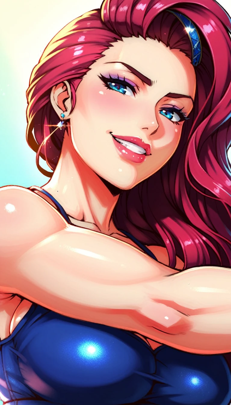 8K high quality, high accuracy, Princess Zelda, beautiful figure, beautiful face, twilight princess, beautiful, bright, highlights in eyes, small ears, brown hair, beautiful line drawing. Open mouth, tongue sticking out, purple background, blue eyes, revealing outfit, arms up, armpits showing, drawn from head to stomach, blue swimsuit, cow holstein pattern bikini, bikini, big breasts, large breasts, J cup breasts,