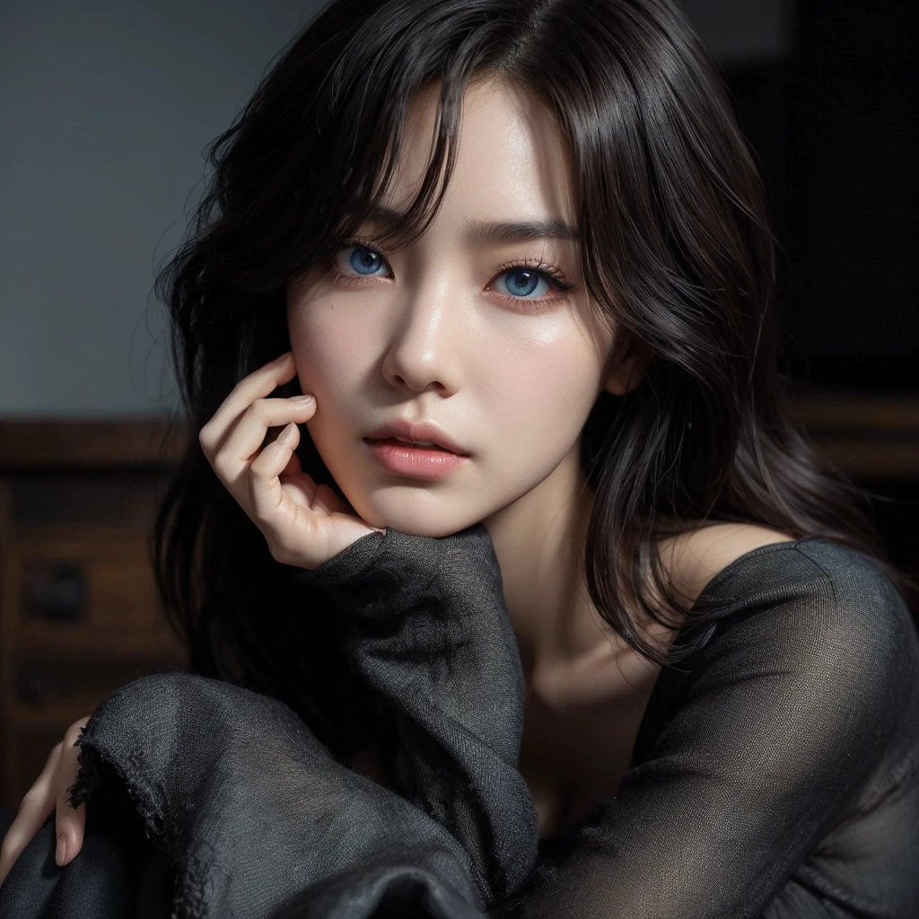 Create an image of a Korean woman, soft, clean, textured skin She has long, dark hair , raised eyebrow, rosy cheek, striking mouth and beautiful black and expressive eyes Her nose is large, a unique charm She is of medium height 1, 70 and she is slim and elegant Her face is well proportioned and attractive create a woman with brown hair bob hairstyle, blue colored eyes, in a black corset, Open skirt, dark fantasy character design, epic and exquisite character art, dark fantasy art, com o advento de Sinnove Carlsen , full view of the black sorceress, Amazing character art.squatting down
