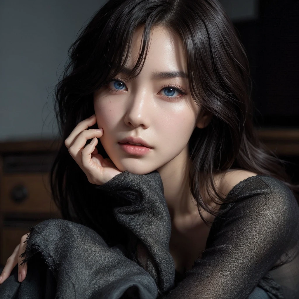 Create an image of a Korean woman, soft, clean, textured skin She has long, dark hair , raised eyebrow, rosy cheek, striking mouth and beautiful black and expressive eyes Her nose is large, a unique charm She is of medium height 1, 70 and she is slim and elegant Her face is well proportioned and attractive create a woman with brown hair bob hairstyle, blue colored eyes, in a black corset, Open skirt, dark fantasy character design, epic and exquisite character art, dark fantasy art, com o advento de Sinnove Carlsen , full view of the black sorceress, Amazing character art.squatting down