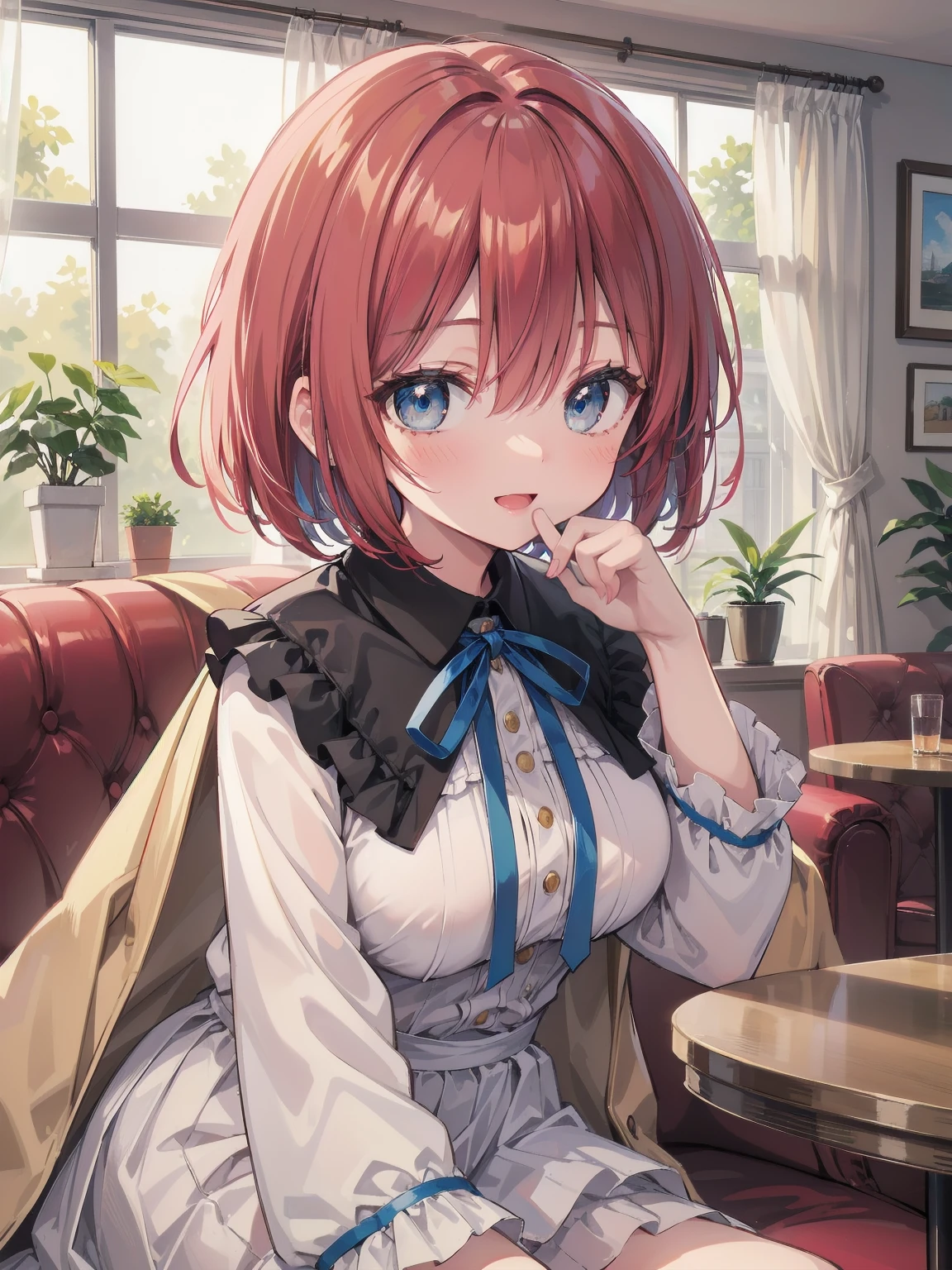 Scene Description: - Composition: Portrait. Focus on the face. Shot from the front. - Subject: Cute girl. (Chibi:1.1). Real person. - Features: - Face: (Cute round face:1.2). - Eyes: Detailed dark blue eyes. - Hair: One-leg bob-cut hair down the front with a large ribbon hairpiece, (golden hair), (red inner hair), auburn hair, hair between the eyes. - Body: Detailed slender body. Large breasts. - Clothing: Pink ruffled blouse, flares, blue ribbon tie, long ruffled sleeves, layered skirt. - Expression: happy expression. Mouth open. - Pose: head tilted back. She is looking at the viewer. - Background: living room of a trendy café. - Elements: Houseplants. Cute pastel sofa. Cute pastel curtains. Cute pastel-colored wallpaper. Time: Daytime. Lighting: (Natural light: 1.4). Art Style: Watercolor. Traditional media. Quality: Intricate details. Highly detailed. Outstanding complexity. (Masterpiece: 1.2). (Highest quality: 1.2). (Absurd absolute resolution: 1.4). Mood: Calm,