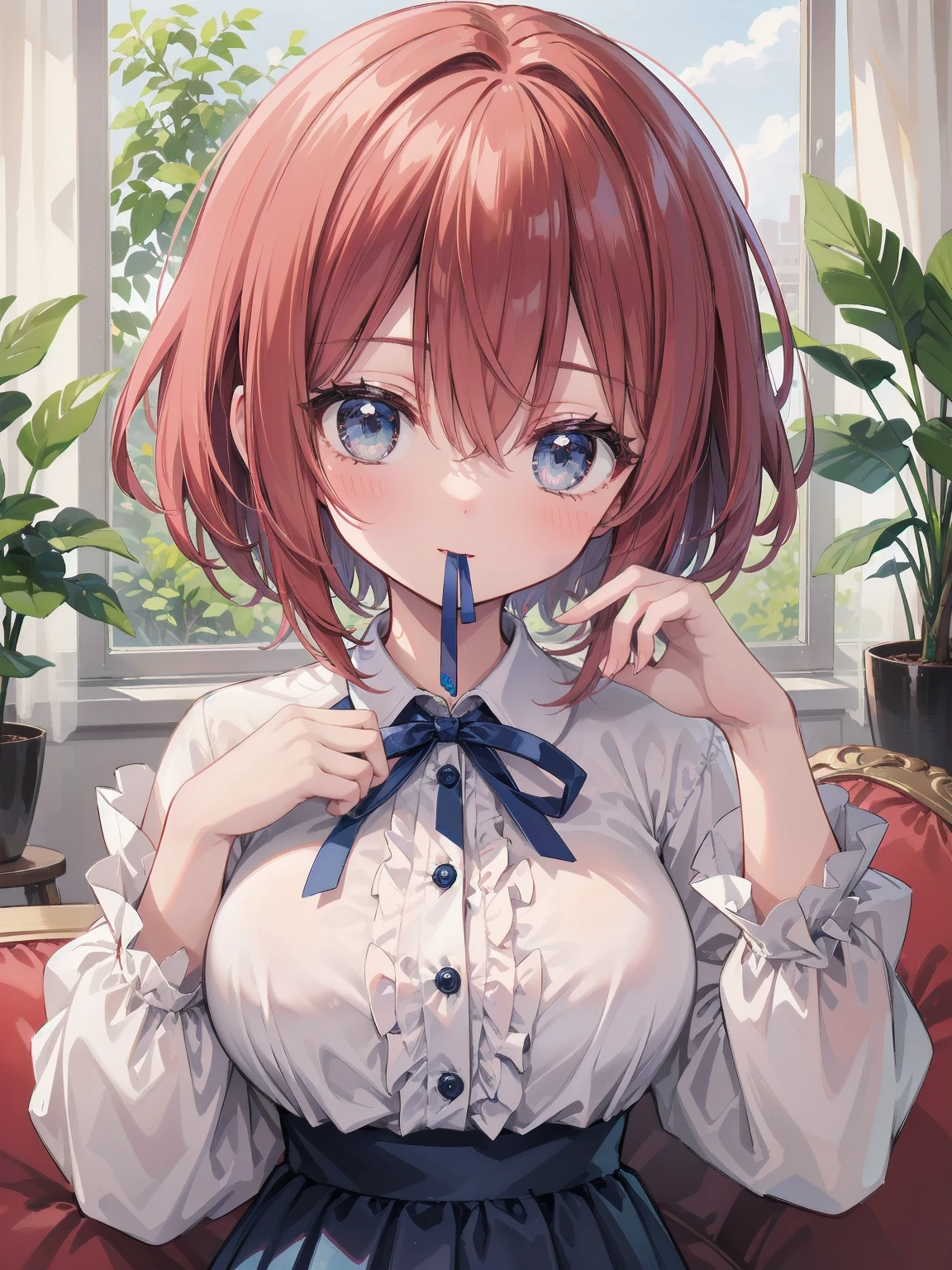 Scene Description: - Composition: Portrait. Focus on the face. Shot from the front. - Subject: Cute girl. (Chibi:1.1). Real person. - Features: - Face: (Cute round face:1.2). - Eyes: Detailed dark blue eyes. - Hair: One-leg bob-cut hair down the front with a large ribbon hairpiece, (golden hair), (red inner hair), auburn hair, hair between the eyes. - Body: Detailed slender body. Large breasts. - Clothing: Pink ruffled blouse, flares, blue ribbon tie, long ruffled sleeves, layered skirt. - Expression: happy expression. Mouth open. - Pose: head tilted back. She is looking at the viewer. - Background: living room of a trendy café. - Elements: Houseplants. Cute pastel sofa. Cute pastel curtains. Cute pastel-colored wallpaper. Time: Daytime. Lighting: (Natural light: 1.4). Art Style: Watercolor. Traditional media. Quality: Intricate details. Highly detailed. Outstanding complexity. (Masterpiece: 1.2). (Highest quality: 1.2). (Absurd absolute resolution: 1.4). Mood: Calm,