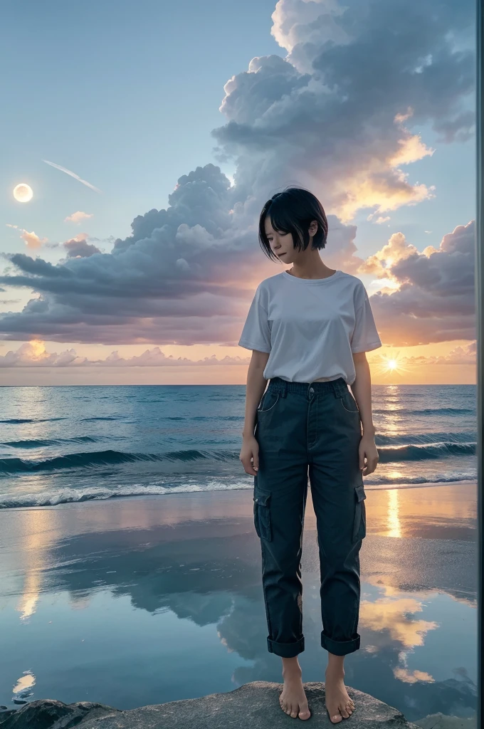 1girl, 1boy, cloud, sky, sunset, hetero, ocean, water, shirt, pants, white_shirt, reflection, phone_screen, standing, outdoors, wading, short_hair, miyamizu_mitsuha, barefoot, cloudy_sky, horizon, star_(sky), closed_eyes, moon, kiss, black_hair