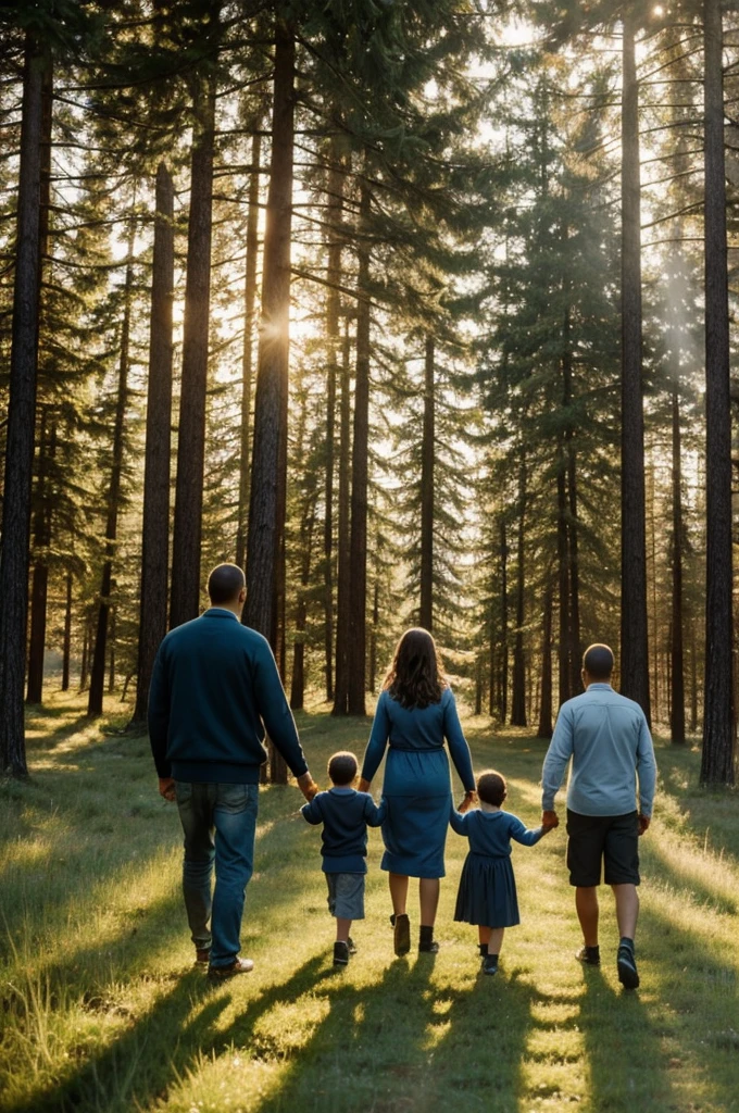 Family and culture, cedar glade of young cedars in the haze of sunlight, family in the clearing - mom and dad and children