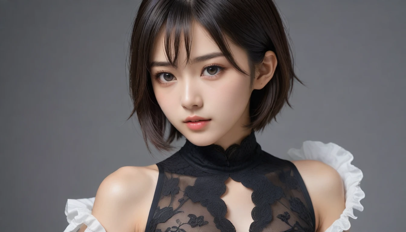 8k, Ultra-high resolution, Highest quality, masterpiece, 三分割法によるphotograph,Surreal, photograph, 1 Girl, (:1.3), pretty girl, Cute Face, Beautiful eyes in every detail, 細かくdetailedに,masterpiece,One Girl:1.2, Japan Female Announcer,upper body,from below,sad,streaming tears,Black short hair,Messy hair,(black suit:1.3),mourning clothes,(印象派の美しい少女のPortraiture), (Gray background:1.3),(Impressionist light and colour),Realistic Skin, Perfect and beautiful face ,完璧でCute Face, Skin with attention to detail, Perfect limbs、Narrow waist,Looking at the audience、beauty,Long neck,clavicle,(((Ideal body type))),A cup small breasts :2,Portraiture:2,Perfect Anatomy,鮮明なdetailed,detailed,Surreal,Light and shadow,spotlight