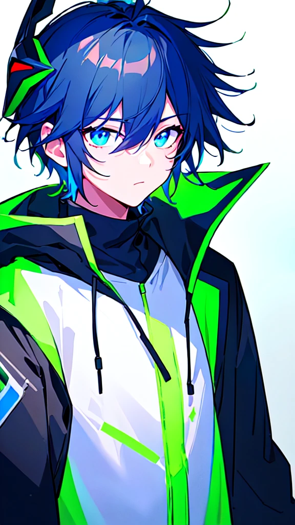 [(WHITE BACKGROUND:1.5),::5], ((((masterpiece)))), high quality, ultra very high resolution, full color, (((solo))), ((younger boy)), dark Blue hair ,hair coverd eyes, (green detailed eyes), anime, ((upper body)), gray parka, neon light, parka food, Black mask,