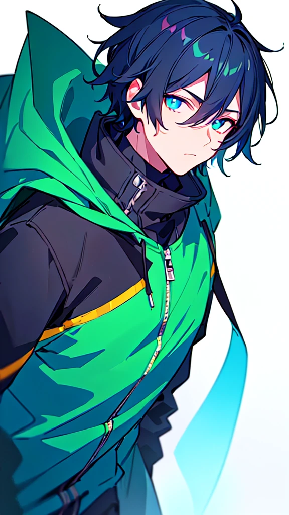 [(WHITE BACKGROUND:1.5),::5], ((((masterpiece)))), high quality, ultra very high resolution, full color, (((solo))), ((younger boy)), dark Blue hair ,hair coverd eyes, (green detailed eyes), anime, ((upper body)), gray parka, neon light, parka food, Black mask,