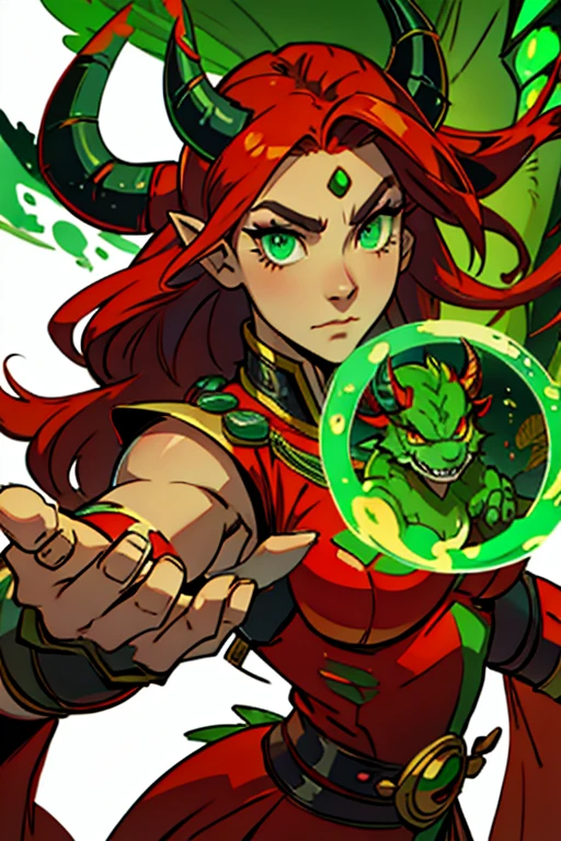 guardian dragon woman with green eyes, red horns and jade hair with a big moth 