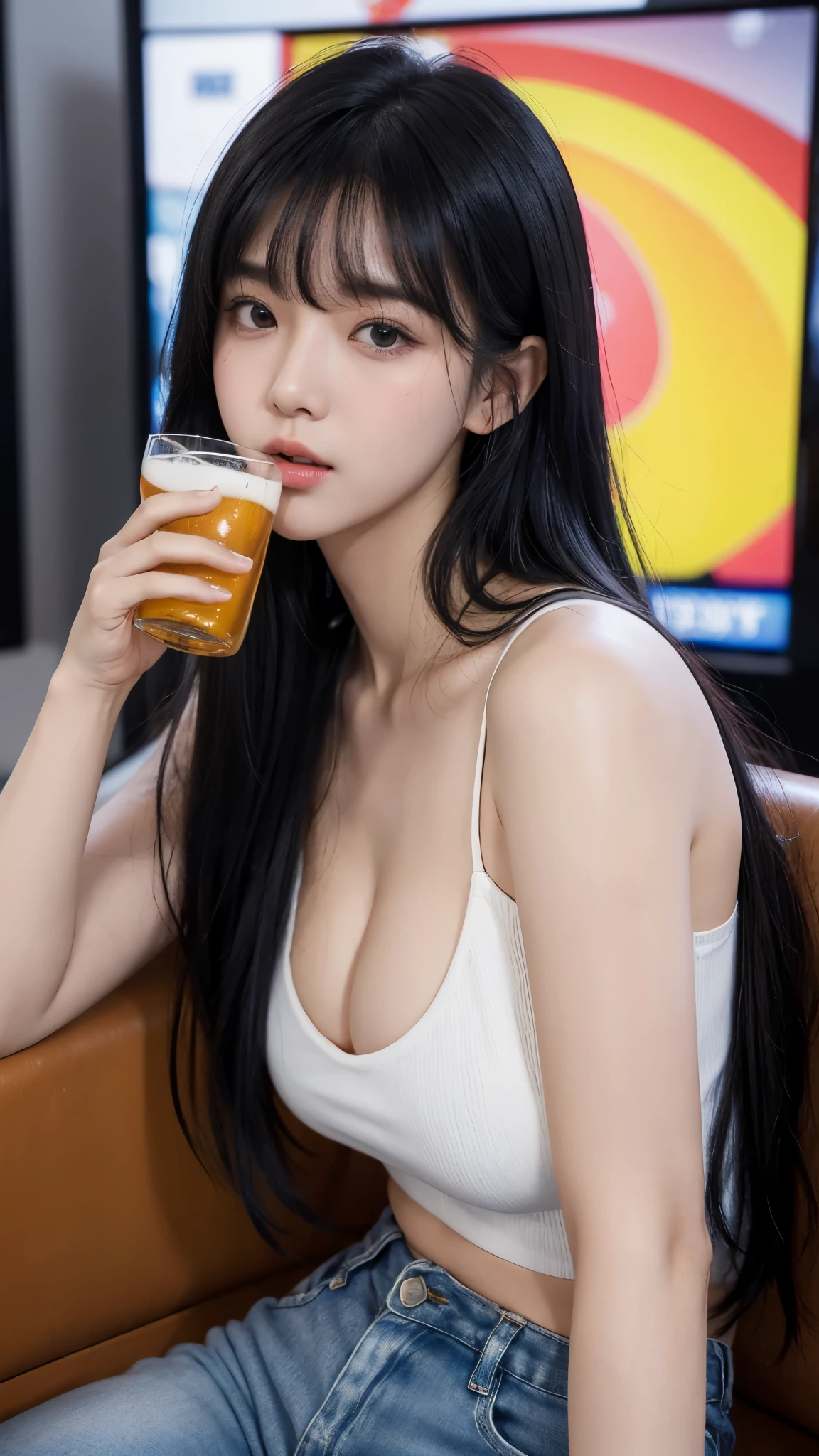 Masterpiece, Top Quality, Ultra High Definition, Colorful, Flat Color 1 girl, watching viewer, girl in the korea karaoke, sweaty cheeks, detailed texture, white blouse, blue jeans, deep cleavage, beautiful detailed face, adult atmosphere, exposure, upper body up, TV background, (black wave hair with bangs), big: 1.4, ANNAA, (Drinking beer)