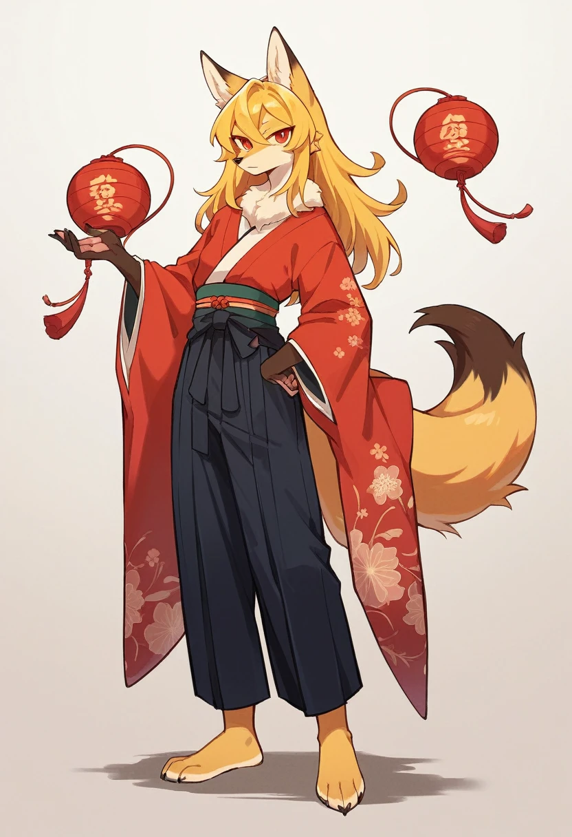 (full body,,The left hand is on the hip),((Her right hand is hidden under the hem of her kimono.)),small breasts,Fox woman, Furry, Golden fur, Golden facial fur, long golden hair, The hair on his hands is golden, Golden yellow hair on the back of the hand, Light-filled eyes, Red eyes, Brown elements of fur,Black Hakama,Very fine fur, Fluffy tail,Nine-tailed tail,