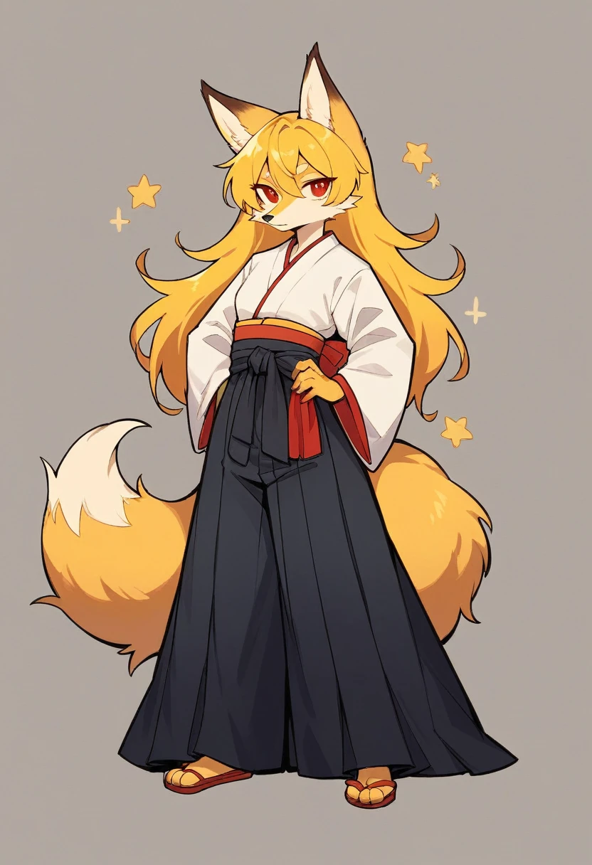 (full body,,The left hand is on the hip),((Her right hand is hidden under the hem of her kimono.)),small breasts,Fox woman, Furry, Golden fur, Golden facial fur, long golden hair, The hair on his hands is golden, Golden yellow hair on the back of the hand, Light-filled eyes, Red eyes, Brown elements of fur,Black Hakama,Very fine fur, Fluffy tail,Nine-tailed tail,