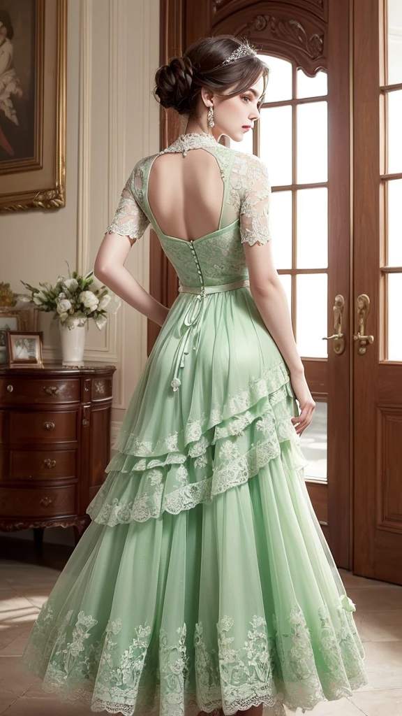 ((High-quality work)), the lines are clear and concise, the green dress and the beautiful pleated lace complement each other, which enriches the layering of the whole picture, the graceful Edwardian lace dress and the princess skirt add a lot to the character, the gesture with the back of the hand behind , It also shows the gentle and elegant side of women.