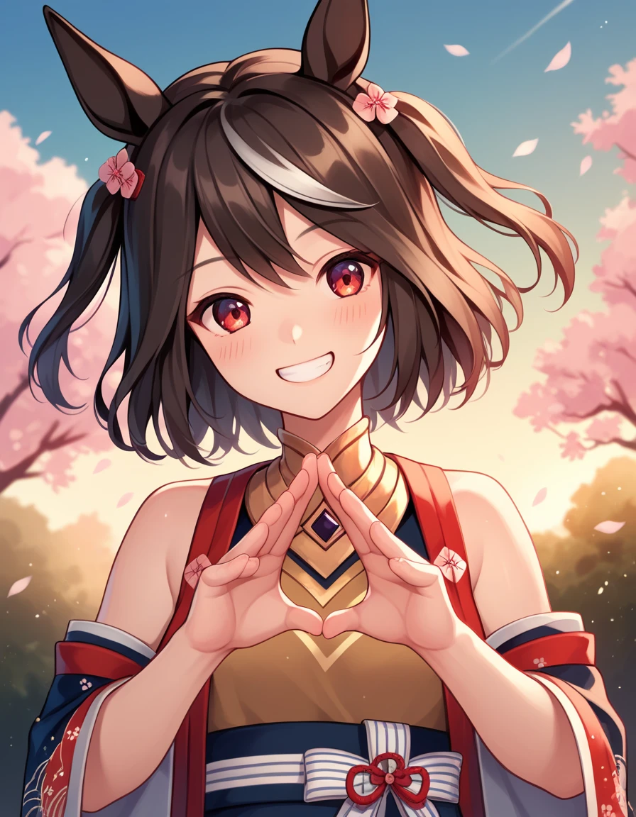 Ultra-high resolution, Highest quality, 8k,Horse Girl,Kitasan Black,162 cm,Bust 85,Waist 56,Hip 88,Festivals,firework,A happy smile,Cute pose,Five fingers on a hand,Beautiful hands