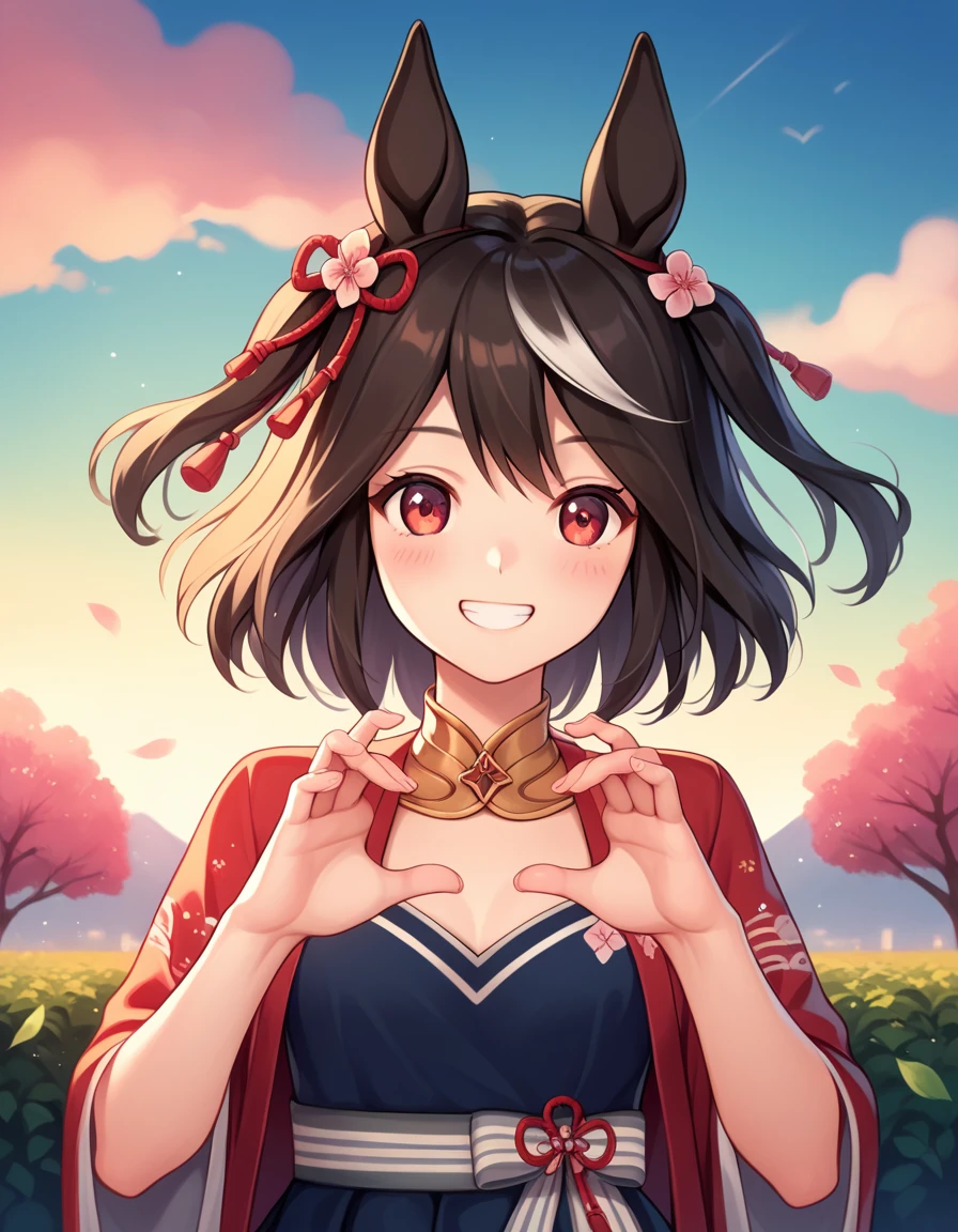 Ultra-high resolution, Highest quality, 8k,Horse Girl,Kitasan Black,162 cm,Bust 85,Waist 56,Hip 88,Festivals,firework,A happy smile,Cute pose,Five fingers on a hand,Beautiful hands