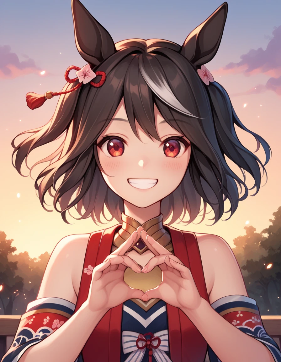 Ultra-high resolution, Highest quality, 8k,Horse Girl,Kitasan Black,162 cm,Bust 85,Waist 56,Hip 88,Festivals,firework,A happy smile,Cute pose,Five fingers on a hand,Beautiful hands