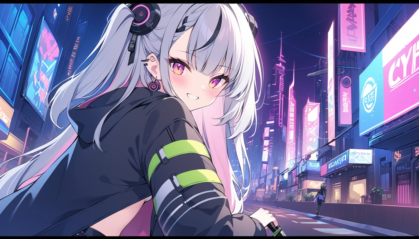 Highest quality, masterpiece, Ultra-high resolution,City of night,Standing woman,Neon Town, cyber punk vibe, cyber punk art style, cyber punk vibes, digital cyber punk - anime art, cyber punk themed art, cyber punk anime art, digital cyber punk anime art, in cyber punk style, cyber punk artstyle, has cyber punk style, anime cyber punk art, in cyber punk city, cyber punk art, cyber punk))), cyber punk style, style of cyber punk,Seraphim, skirt,, Multicolored Hair, Grey Hair, Striped Hair, hair ornaments, smile, Black Hair, Clothing cutouts,Black jacket, Earrings, Braiding, tooth,Long Hair