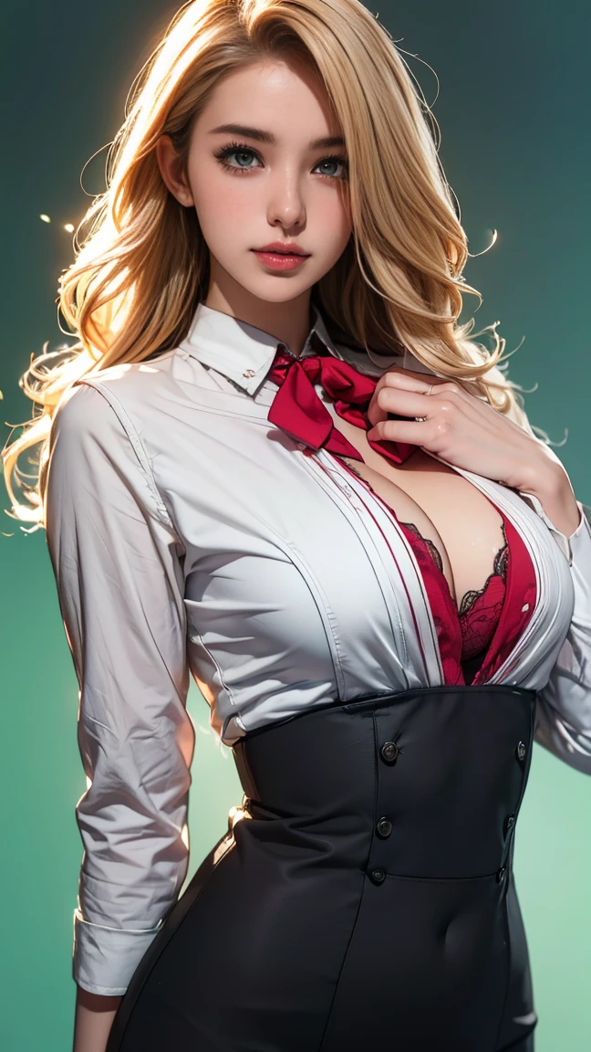 (Extremely detailed, Reality, best quality, 4K, 8K, high resolution, masterpiece:1.3), Elegant stewardess. Elin Andersson is tall and slim, long, Blonde Wavy Hair. She has bright green eyes,Charming and friendly. She's wearing sexy red velvet, Wear with matching suit jacket, Short pencil skirt, black, black高跟鞋, A silk scarf, and a side cover. Her demeanor is friendly and approachable, Her bright smile highlights her warmth. The background adopts stylish, Modern private jet on the tarmac, Emphasizing her role as an elite flight attendant. This scene captures her maturity and professionalism, Highlighting her elegance and the luxurious environment in which she works, (Intricate details, Very delicate hands, Extremely fine fingers, Full body display, revealing the whole body).