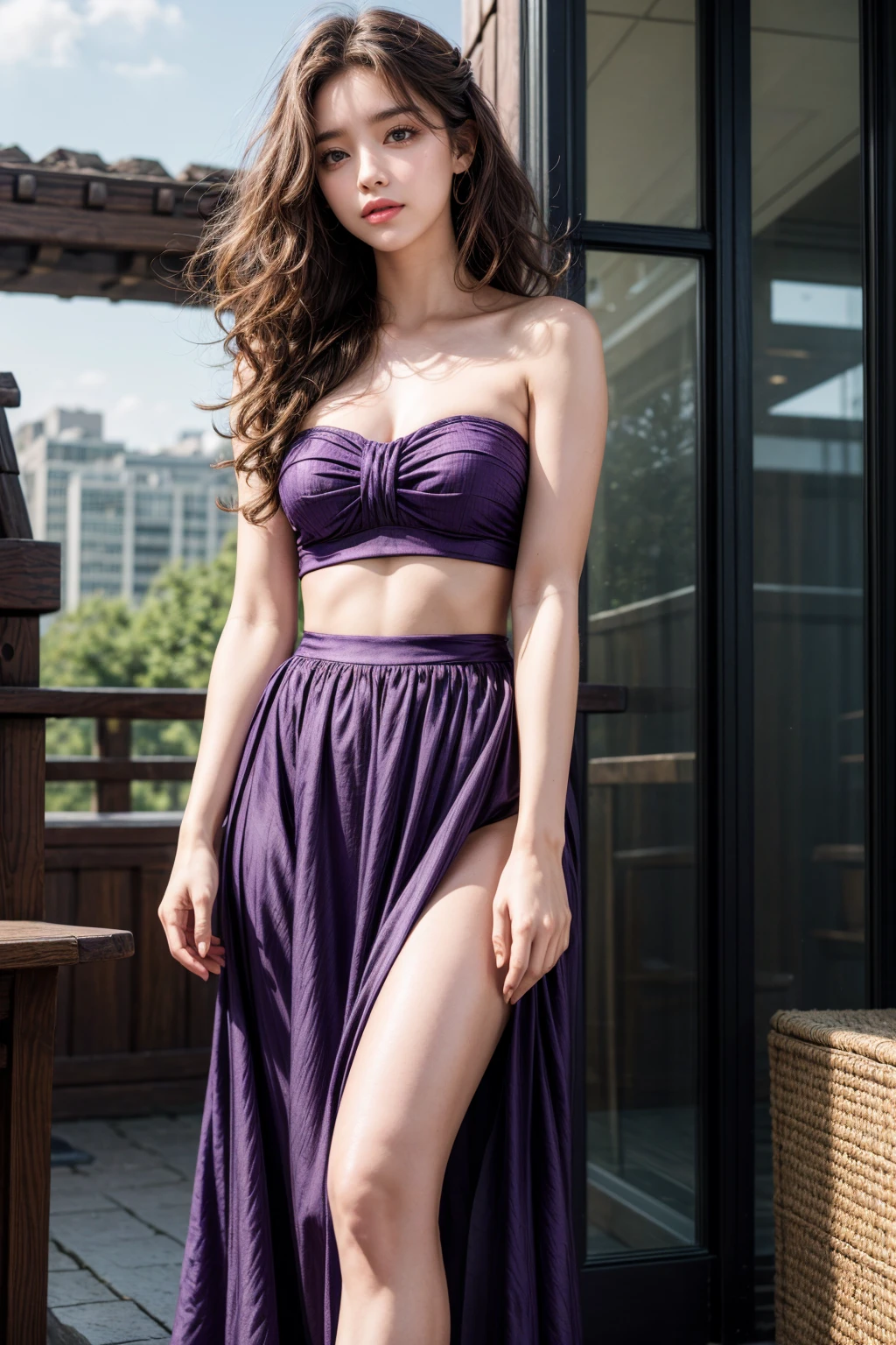 Detailed background, masterpiece, best quality, 1 person , curls, Long hair, Purple Eyes, star in eye , strapless top, Long skirt