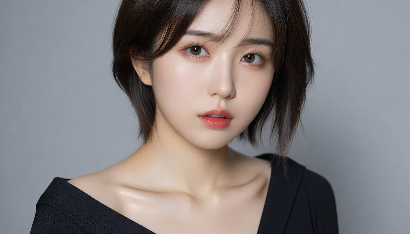 8k, Ultra-high resolution, Highest quality, masterpiece, 三分割法によるphotograph,Surreal, photograph, 1 Girl, (16 years old:1.3), pretty girl, Cute Face, Beautiful eyes in every detail, 細かくdetailedに,masterpiece,One Girl:1.2, Japan Female Announcer,upper body,from below,sad,streaming tears,Black short hair,Messy hair,(black suit:1.3),mourning clothes,(印象派の美しい少女のPortraiture), (Gray background:1.3),(Impressionist light and colour),Realistic Skin, Perfect and beautiful face ,完璧でCute Face, Skin with attention to detail, Perfect limbs、Narrow waist,Looking at the audience、beauty,Long neck,clavicle,(((Ideal body type))),A cup small breasts :2,Portraiture:2,Perfect Anatomy,鮮明なdetailed,detailed,Surreal,Light and shadow,spotlight