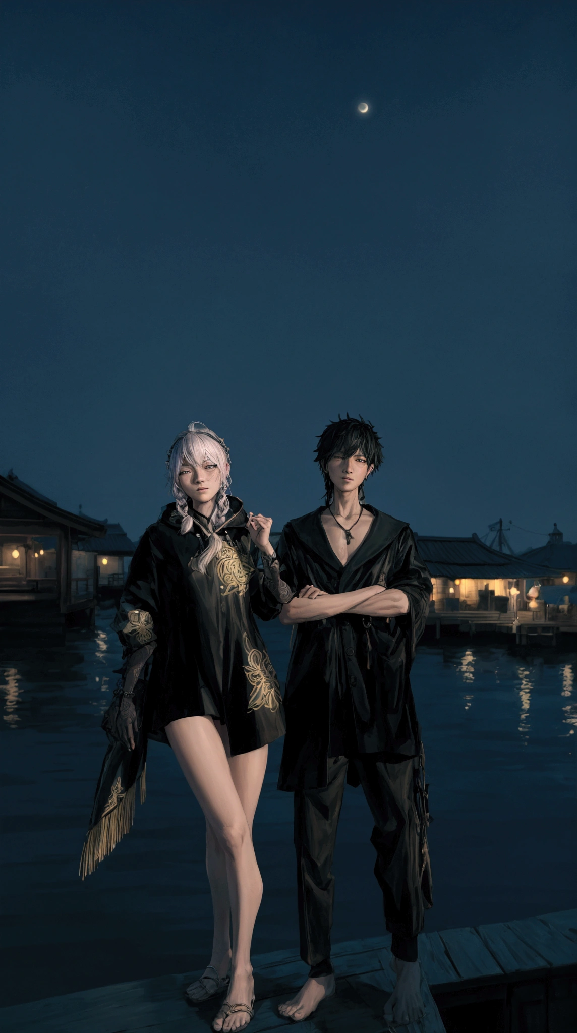 there are two people standing on a dock at night, nixeu and sakimichan, at nighttime, night realism, realism artstyle, kda and sam yang, calm night. digital illustration, realistic artstyle, sakimichan and frank franzzeta, inspired by Aleksander Gine, summer night, on a rooftop, inspired by Vincent Lefevre