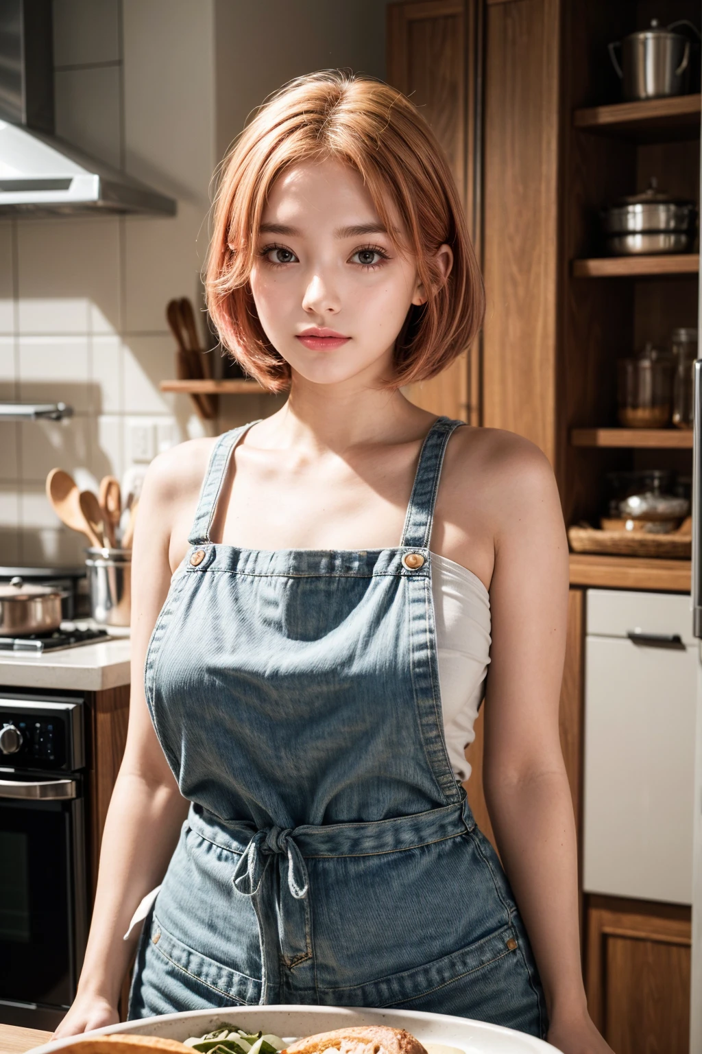 Close-up portrait of a girl, Bob, apron, Amazing figure, Obvious feminine features, plump, kitchen, [Ash Gold | ginger | Pink Hair], freckle, Flirting with the camera