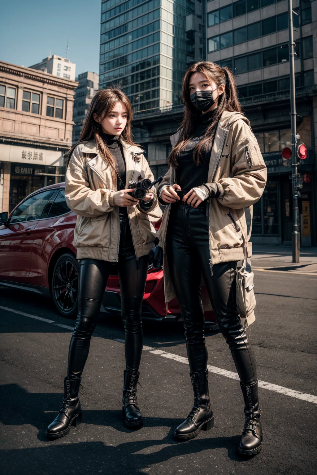 ((high quality)), ((masterpiece)), 8K, 2 girls, car, Light, extremely detailed CG unity 8K wallpaper, CG Games, Looking at the audience, Gloves, boots, whole body, watch , , mask, Drones, Holding a gun, earphone, jacket, Bag, 背Bag, Camel toe, neon