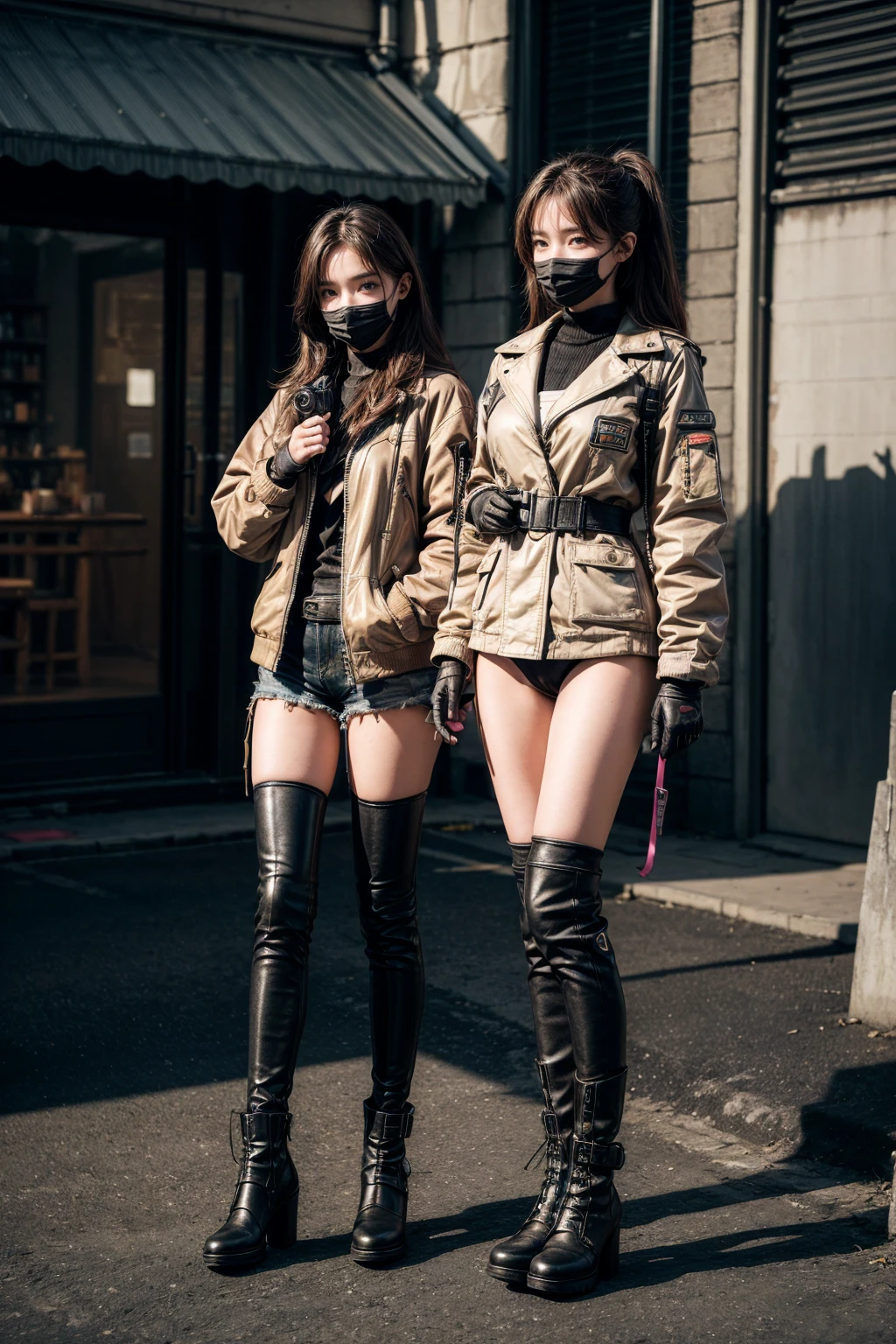 ((high quality)), ((masterpiece)), 8K, 2 girls, car, Light, extremely detailed CG unity 8K wallpaper, CG Games, Looking at the audience, Gloves, boots, whole body, watch , , mask, Drones, Holding a gun, earphone, jacket, Bag, 背Bag, Camel toe, neon