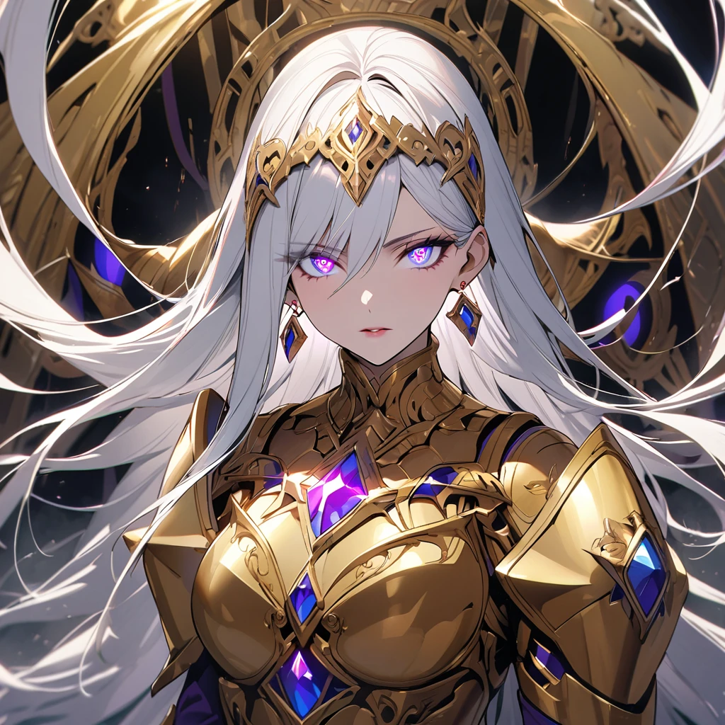 woman, long hair, white hair, mature, god eyes, diamond earings, two colors eyes, one blue eye, one purple eye, glowing eyes, beautiful, detailed, golden armor