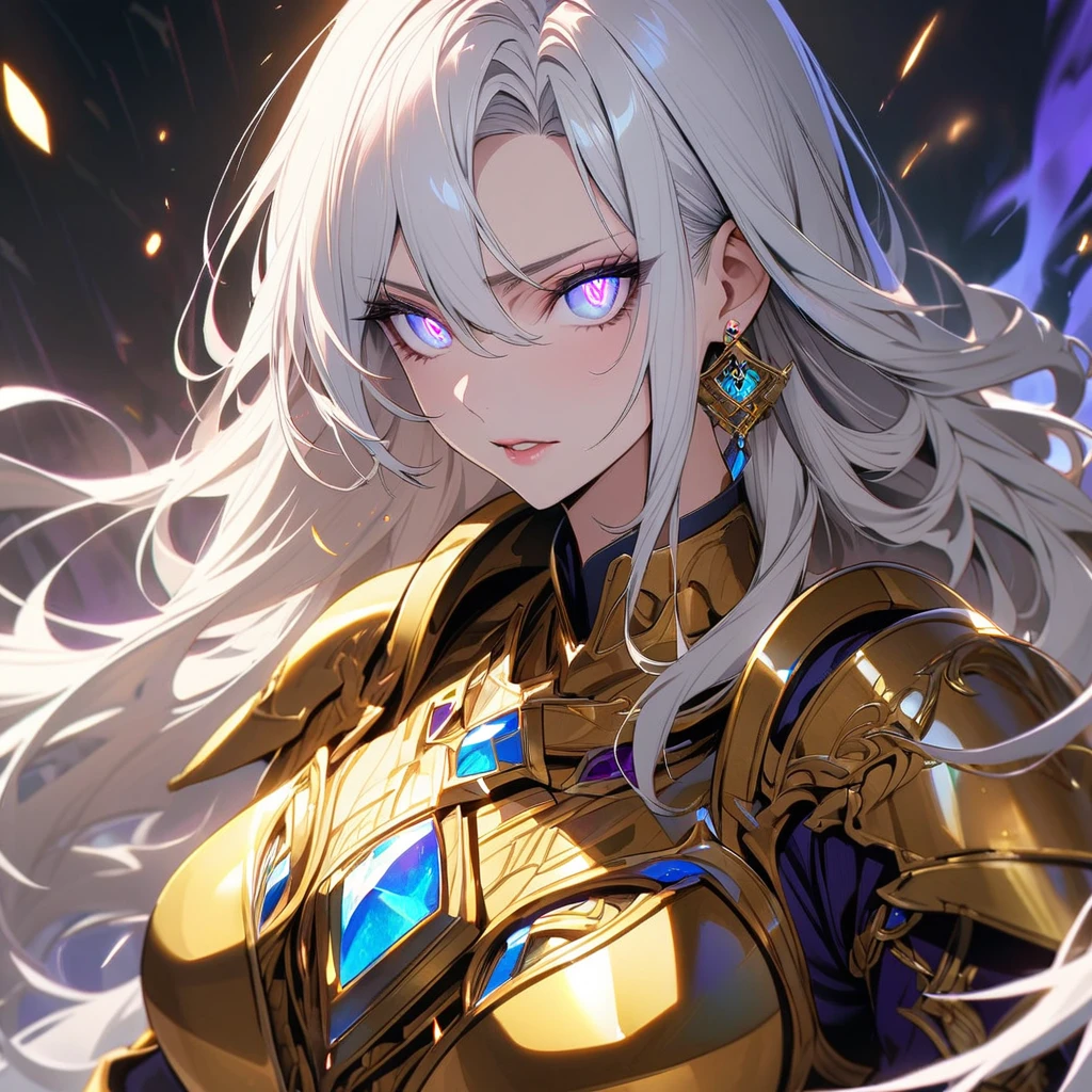 woman, long hair, white hair, mature, god eyes, diamond earings, two colors eyes, one blue eye, one purple eye, glowing eyes, beautiful, detailed, golden armor