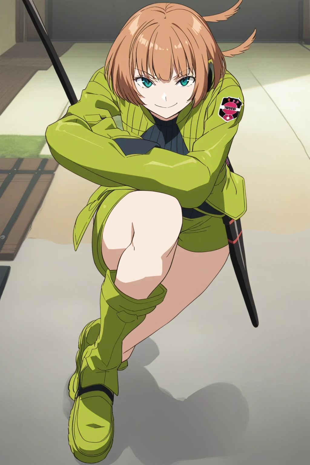 Konami,One girl,smile, View your viewers, Green jacket, gloves, Green shorts,Green footwear,