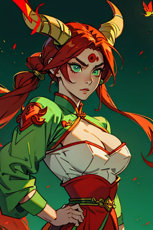 china guardian dragon woman with green eyes, red horns and jade hair with a big moth