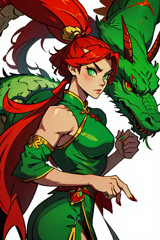 china guardian dragon woman with green eyes, red horns and jade hair with a big moth 