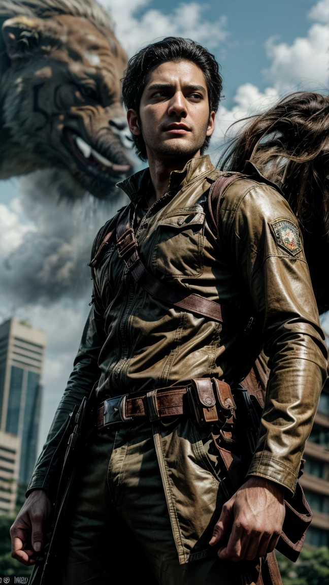 (Highest quality, Ultra HD, 16k, Masterpiece) Mahesh Babu, as a character from Attack on Titan, stands at the forefront of a lush, metropolis city backdrop, reminiscent of a futuristic urban jungle. The scene is a close-up shot, capturing both the protagonist and the detailed environment around him. He gazes upwards with a determined and awe-inspiring expression, embodying strength and resilience.

He wears the iconic Attack on Titan uniform, featuring a fitted jacket with the Survey Corps emblem prominently displayed, paired with a tactical harness and the intricate ODM (Omni-Directional Mobility) gear strapped to his body. The uniform blends practicality with a touch of elegance, showcasing patches and utility pockets that complement his confident stance. His hair is windswept, adding to his dynamic presence.

Towering behind him is a giant Indian animal, reimagined with a blend of mythological grandeur and futuristic enhancements. The creature, whether it be an elephant, tiger, or another majestic beast, is adorned with intricate armor and glowing elements, standing protectively over Mahesh Babu. Its eyes exude wisdom and power, reflecting the ancient strength it embodies.

The background showcases a metropolis teeming with both advanced technology and abundant greenery. Skyscrapers, draped in lush vines and blooming flowers, stand amidst the wreckage of a recent battle. The cityscape is a juxtaposition of nature reclaiming its space and technological marvels, with flora weaving through the concrete and steel structures.

Smoke and ash rise from areas of destruction, hinting at the fierce conflict that took place. Debris and remnants of destroyed vehicles scatter the ground, adding to the chaotic yet vibrant scene. Despite the destruction, the overall atmosphere is one of renewal and resilience, with nature thriving amidst the ruins.