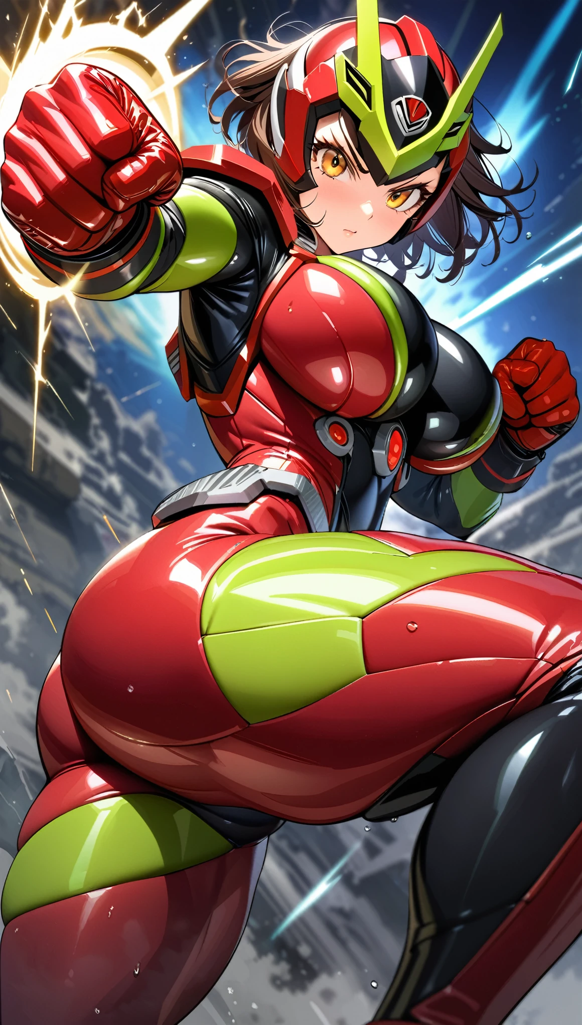 (masterpiece:1.2,Highest quality,Highest quality,High resolution,Very detailed),8k,1 female,Mature female heroine,Female Kamen Rider,(dynamic fighting pose:1.5),(Dynamic hair movement:1.2),(short hair),BREAK(Kamen Rider Helmet:1.5),(Shiny Kamen Rider Suit:1.3),(Kamen Rider Gloves),(Glowing Skin,Big eyes,Droopy eyes,Long eyelashes,Beautiful thighs,Beautiful Hair,Beautiful Face,Beautiful Eyes,Beautiful body,Beautiful breasts,Beautiful feet,Beautiful fingers,Voluptuous,Muscular,Big Breasts,Thick thighs),BREAK((hands)),(((Detailed hands))),((Rider Punch:1.5)),(Serious),(((The background is a flashy special move effect,Prism Flash))),(((kamanrider))),((action shot))