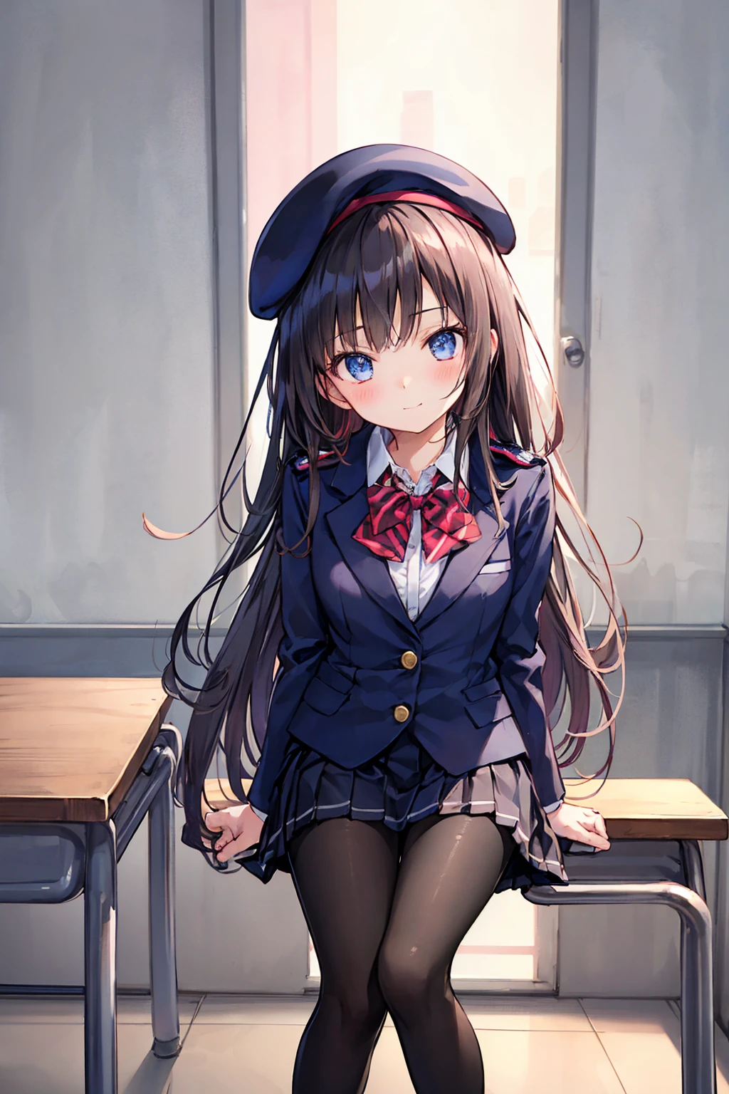 細部に至るまinの傑作、Highest quality、Realistic、1 girl、一人in、18-year-old、Looks like about 5 、140cm Beautiful Girl、、5 year old ir、Gradient bob in the forward、金hairと茶色のメッシュ、Large vertical eyes、Outstanding looks、cute 、Proximity、Closed_mouth、Laughter、blush、恥ずかしさinいっぱい、beret、Red bow tie、Branded Uniforms、 青いblazer、blazer、Pleated skirt、Grey Skirt、Silk blouse、White blouse、feet、black tights、Sit on、classroom、hair_ornament、looking for_in_Audience、beiniful detailed eyes、Realistic目、wore tights、定かinない、Professional Effects、定かinない、Enhanced elegance、Really ridiculous cuteness、cute、Bold Action
