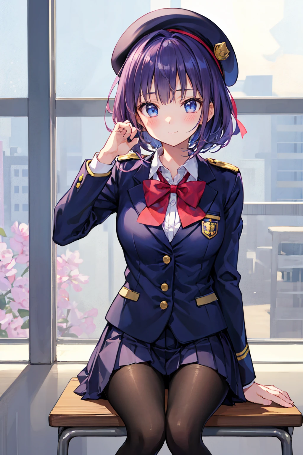 細部に至るまinの傑作、Highest quality、Realistic、1 girl、一人in、18-year-old、Looks like about 5 、140cm Beautiful Girl、、5 year old ir、Gradient bob in the forward、金hairと茶色のメッシュ、Large vertical eyes、Outstanding looks、cute 、Proximity、Closed_mouth、Laughter、blush、恥ずかしさinいっぱい、beret、Red bow tie、Branded Uniforms、 青いblazer、blazer、Pleated skirt、Grey Skirt、Silk blouse、White blouse、feet、black tights、Sit on、classroom、hair_ornament、looking for_in_Audience、beiniful detailed eyes、Realistic目、wore tights、定かinない、Professional Effects、定かinない、Enhanced elegance、Really ridiculous cuteness、cute、Bold Action
