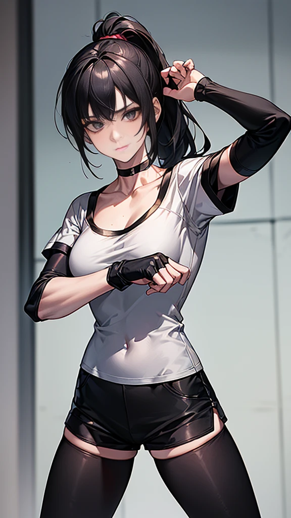 ((Highest quality)), ((masterpiece)), (detailed) {{{Slender female martial arts instructor}}} Shorts {{Décolletage}} {{White short-sleeved T-shirt with long length}} Mature Woman ((Combat Stance)) Long fingerless gloves Black tights {{Inside the dojo}} Black Hair Long-haired ponytail ((Leggings with integrated shorts)) clavicle choker
