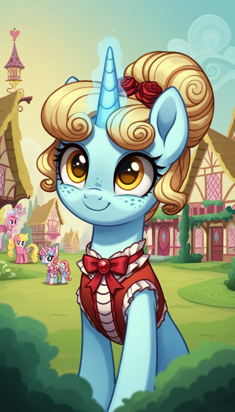 score_9,score_8_up,score_7_up,score_6_up, female, unicorn, white fur, curly blonde hair, bun hair style, pastel blue dye streaks, freckles, Golden eyes, ta pony, cute Loliashion, glowing backlight, fashion show, ponyville scene, glitter, whimsical, enchanted, magical, fantasy art concept, intricate details, happy smile, glowing horn,
