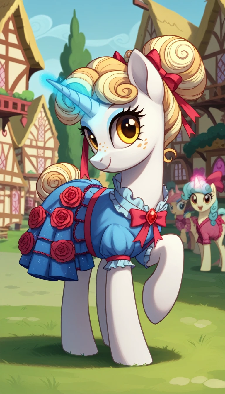 score_9,score_8_up,score_7_up,score_6_up, female, unicorn, white fur, curly blonde hair, bun hair style, pastel blue dye streaks, freckles, Golden eyes, lolita pony, cute Lolita fashion, glowing backlight, fashion show, ponyville scene, glitter, whimsical, enchanted, magical, fantasy art concept, intricate details, happy smile, glowing horn,