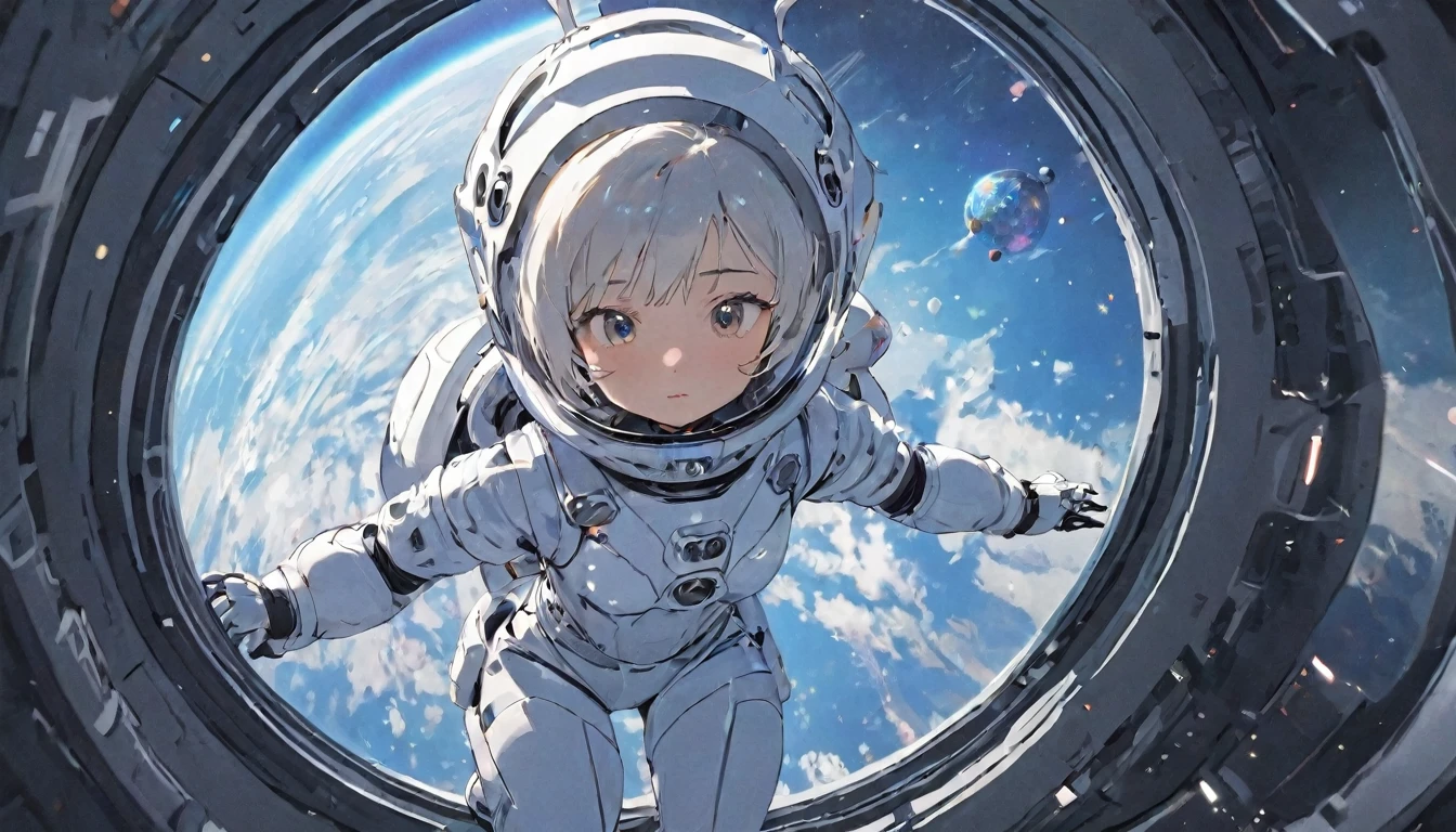 cute robot girl in a white spacesuit in zero gravity