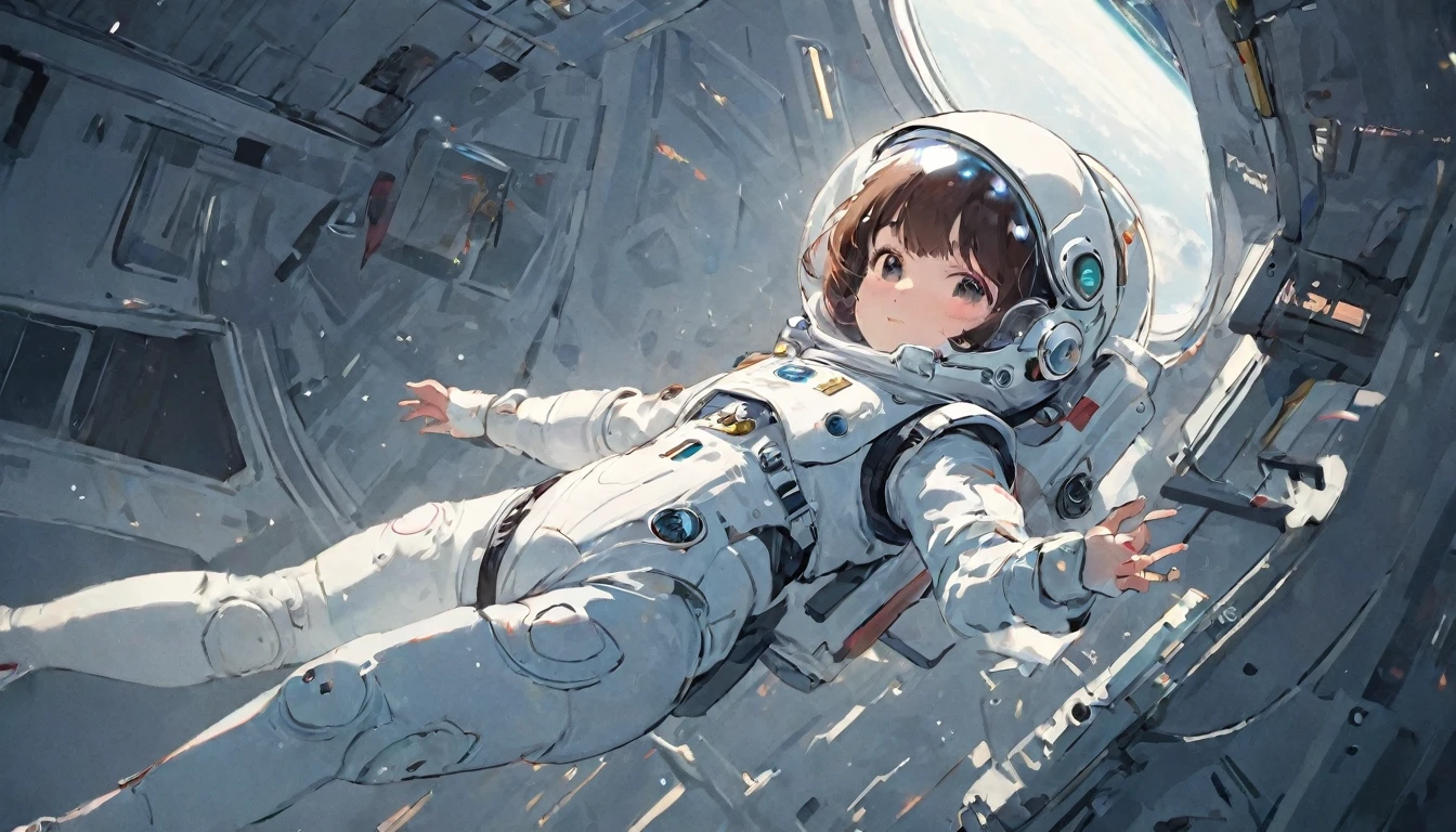 cute robot girl in a white spacesuit in zero gravity