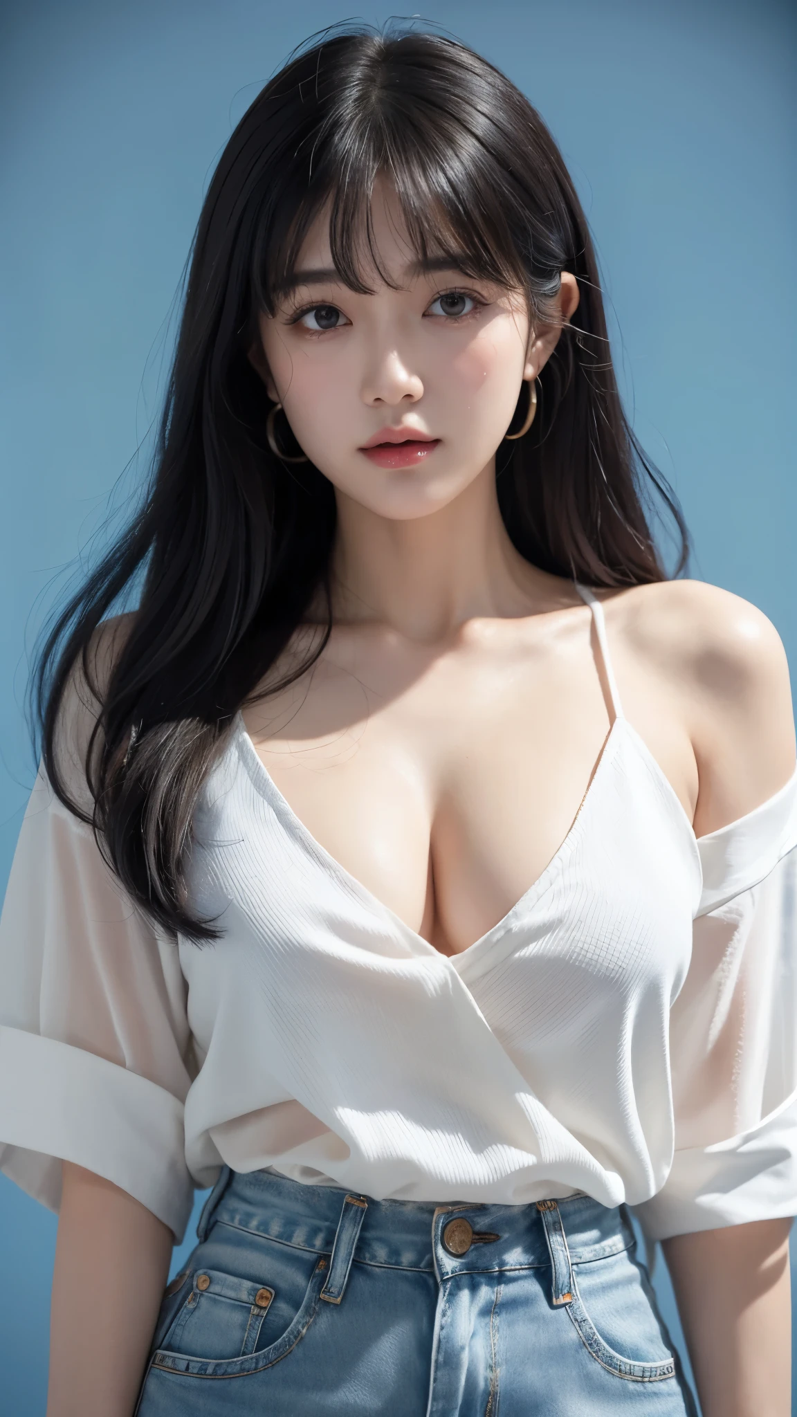 Masterpiece, Top Quality, Ultra High Definition, Colorful, Flat Color 1 girl, watching viewer, girl in the korea karaoke, sweaty cheeks, detailed texture, white blouse, blue jeans, deep cleavage, beautiful detailed face, adult atmosphere, exposure, upper body up, blurred background, (wave hair with bangs), big: 1.4, ANNAA