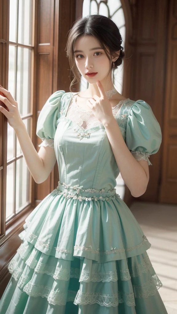 ((high quality work)), The writing is clear and concise, The green dress and the beautiful pleated lace complement each other., Enriching the layered feel of the entire picture, The elegant Edwardian lace dress and princess skirt add a lot of charm to the character., Gesture of turning the back of the hand , It also expresses the gentle and elegant side of women..
