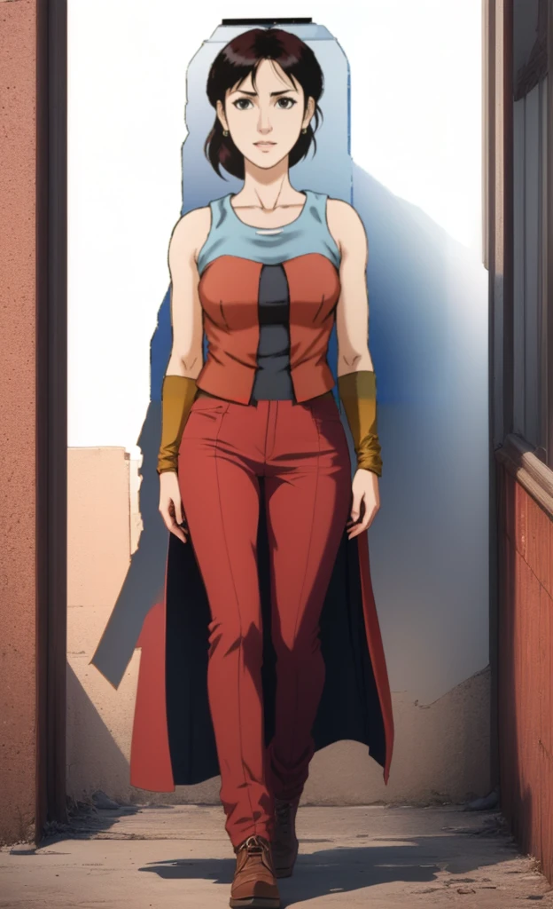 anime character of a woman with a red top and brown pants, in the anime film ergo proxy, blue and red clothes, standing, brown shoes