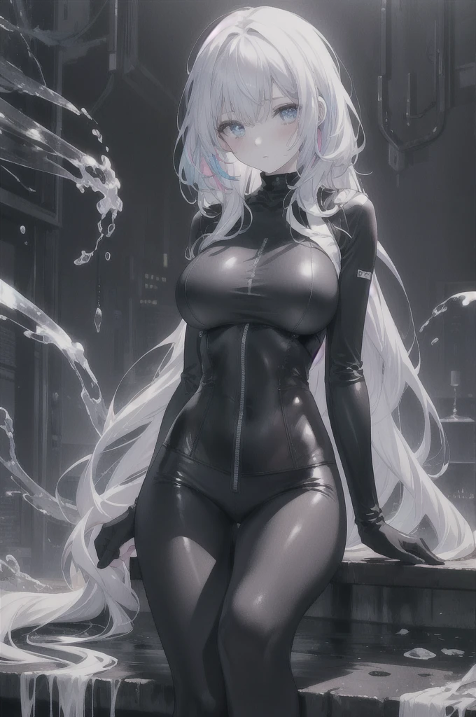 girl:1.3), Solitary, __body parts__ Delicate and realistic skin, Pale skin, Large target, Official Art, Unity 16K Wallpaper, Ultra Detailed, beauty, masterpiece, best quality, Awesome atmosphere, Calming color palette, A calm mood, Soft shadows, , charm,((Large Breasts)),,((Black leggings)),blush,liquid,cute,Tights,Leather,Colorful