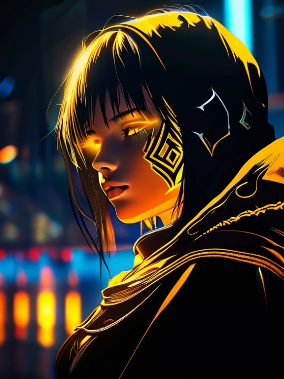 (silhouette), (side view), portrait of 1knight with glowing runic tattoos on her face, anime style, wearing a hooded cape, dramatic colors, high contrast, ultra sharp details, intricates details, (yellow glowing eyes), high quality, unreal 5 engine