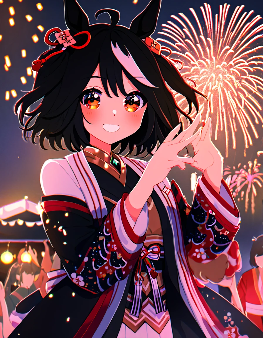 Ultra-high resolution, Highest quality, 8k,Horse Girl,Kitasan Black,162 cm,Bust 85,Waist 56,Hip 88,Festivals,firework,A happy smile,Cute pose,Five fingers on a hand,Beautiful hands