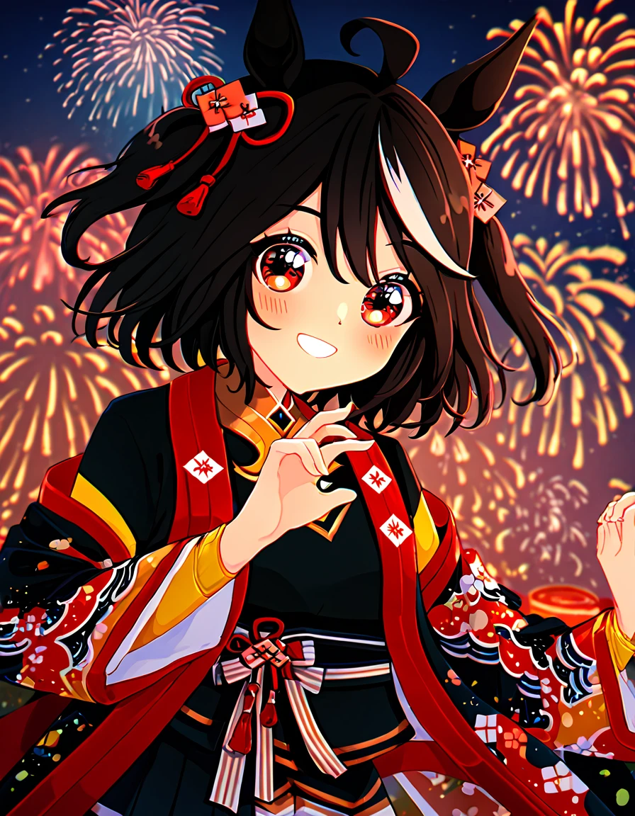 Ultra-high resolution, Highest quality, 8k,Horse Girl,Kitasan Black,162 cm,Bust 85,Waist 56,Hip 88,Festivals,firework,A happy smile,Cute pose,Five fingers on a hand,Beautiful hands
