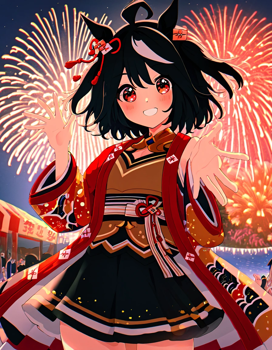 Ultra-high resolution, Highest quality, 8k,Horse Girl,Kitasan Black,162 cm,Bust 85,Waist 56,Hip 88,Festivals,firework,A happy smile,Cute pose,Five fingers on a hand,Beautiful hands