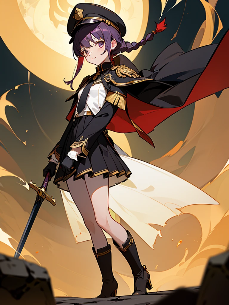 realisitic, City Deserted, Pile of rubble, Brick building, a one woman (18 years old, far away blackw hair, far away slits, Eyes red, glare eyes, 精致的面容, standing (In floor, feet shoulder-width apart), Lolita style military uniform (blackw base, Red Insert, golden decoration, volantes, wide sleeves, dainty and delicate detailing armors), blackw far away gloves (blackw, Red Insert, golden decoration, small hands, armors), blackw far away gloves, knee high boots (blackw, high-heels, red soles), ha (blackw, aba dourada, shield emblem, delicate details), arms in front, Front of belly, Holding military swords with both hands (blackw, golden decoration, delicate detail, Handle at the top, Ground-facing blade, in front of the body, far away), night sky (blackw, stele, Increased flames and smoke) Pale painting style, One Girl, super high quality, Super Detail, Super Detailed image, long hair, looking at viewer, skirt, shirt, hair ornament, violet eyes, gloves, round glasses, long sleeves, hat, closed mouth, jacket, violet hair, braid, open clothes, necktie, black gloves, black skirt, uniform, single braid, open jacket, black jacket, black headwear, 手链, Peaked cap, black necktie, cropped jacket, military hat, pantyhose, Flat Chest, smile, Black Cape